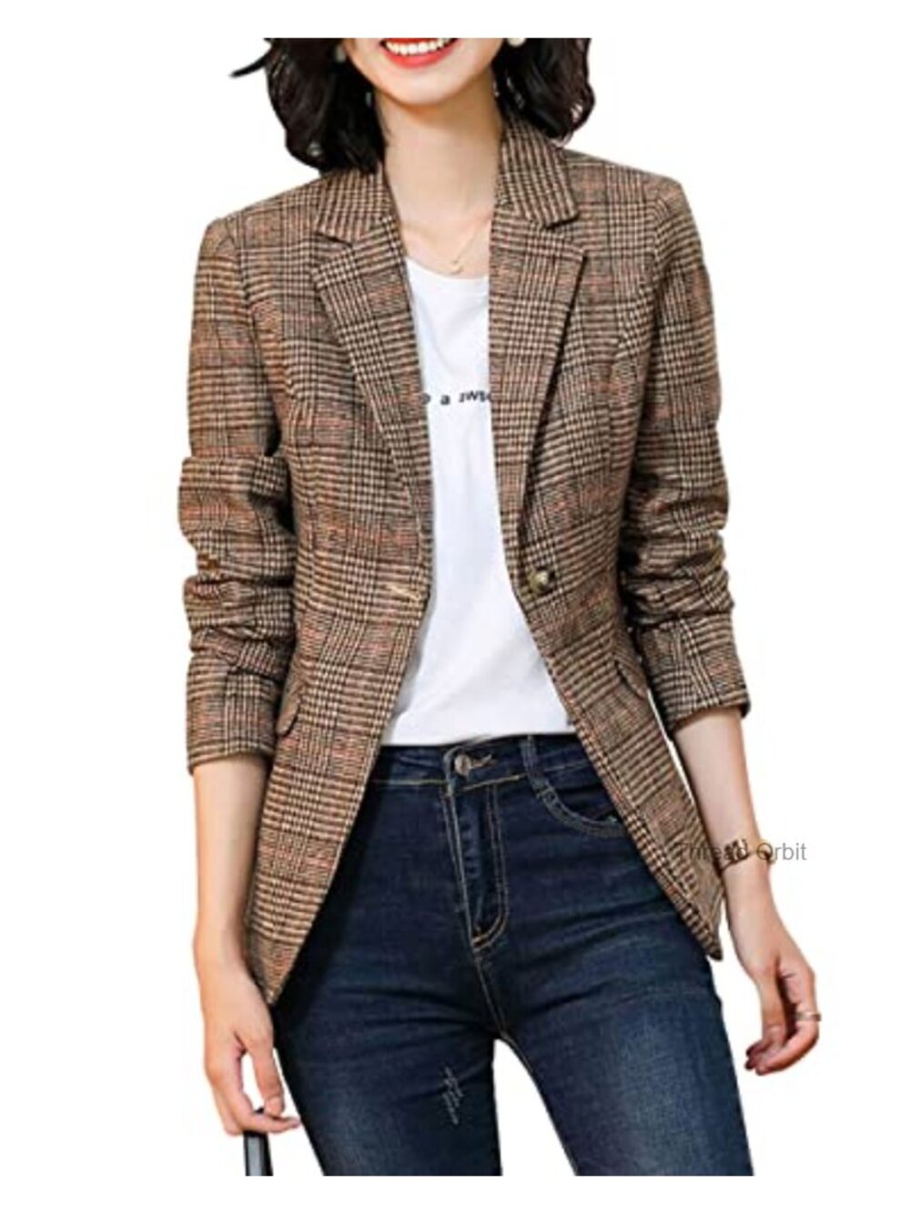 Women Double Breasted Houndstooth Plaid Slim Boyfriend Blazer Jacket
